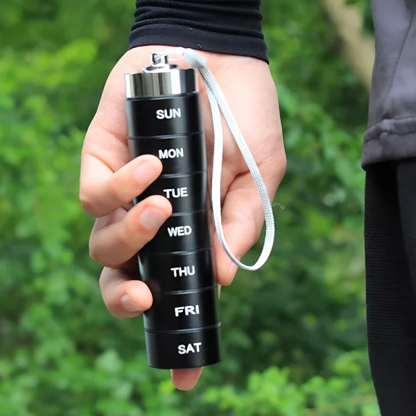 pill organizer, pill box, pill case, weekly pill organizer, 7 days pill organizer, travel pill box, metal pill organizer, stackable pill organizer